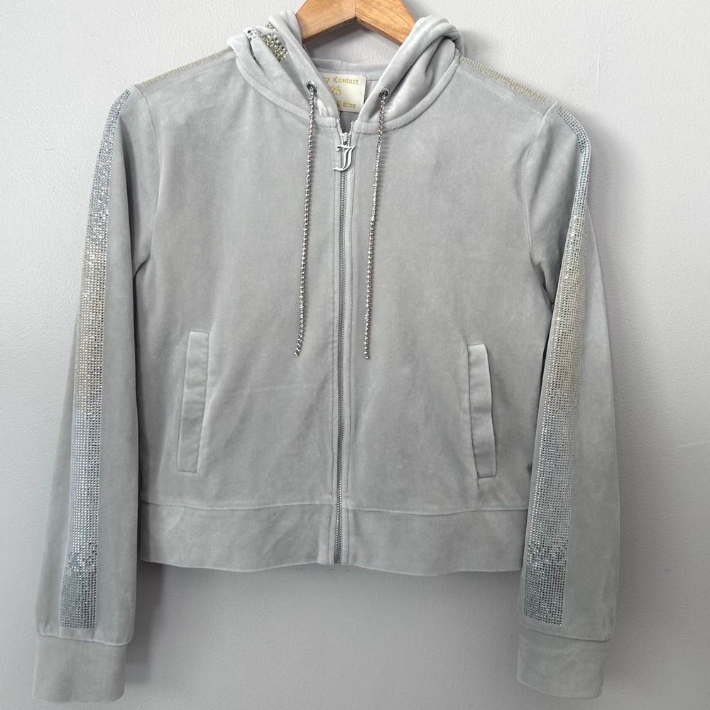 Juicy Couture Velour Hoodie Womens Small Gray Rhinestone Zip Up Y2K Track Jacket